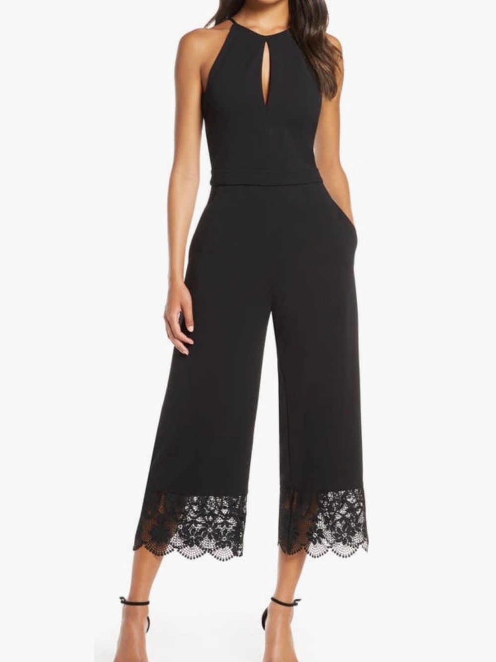 Badgley Mischka Black Halter Keyhole Jumpsuit with Lace Hem